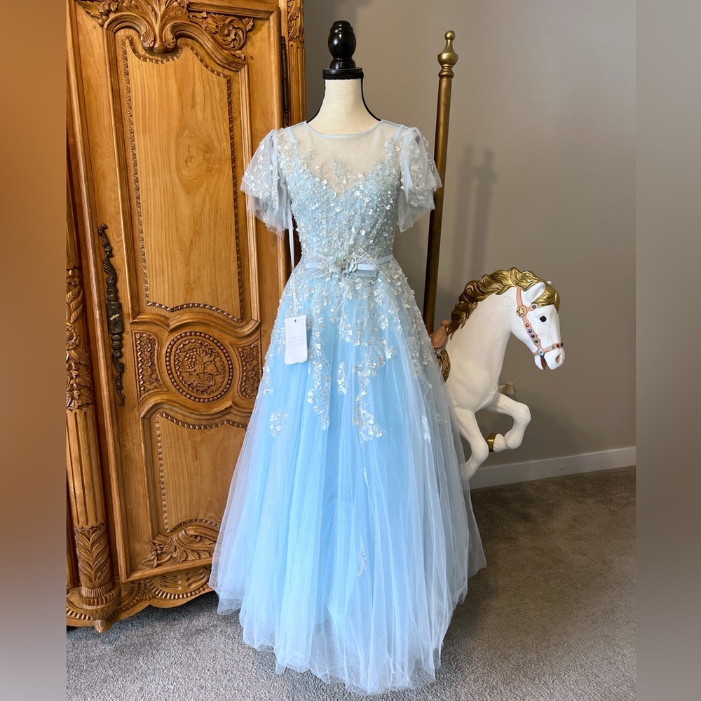 Mac Duggal [2] 20362 Embellished A Line Gown Flutter Feathers Baby Blue princess